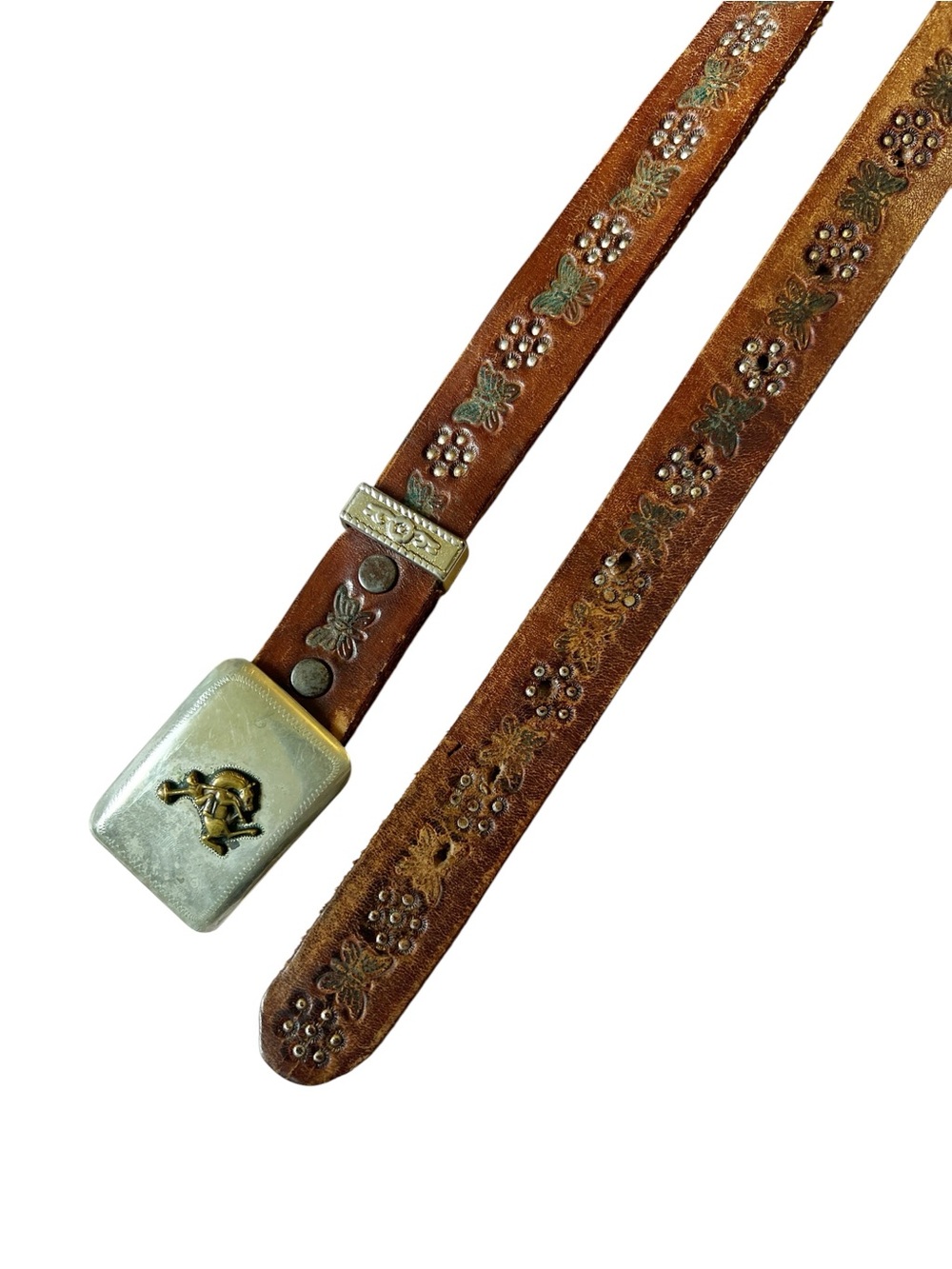 Vintage Brown Leather Flower Stamped Belt with Silver-Gold Western Buckle